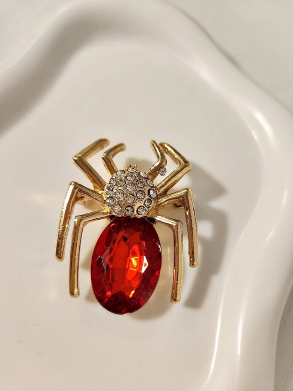 Spider Brooch in Gold & Red Gemstone Like Rhinestone New Without Tags